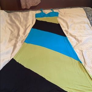 Full length 92% rayon 8% spandex. Built in bra.